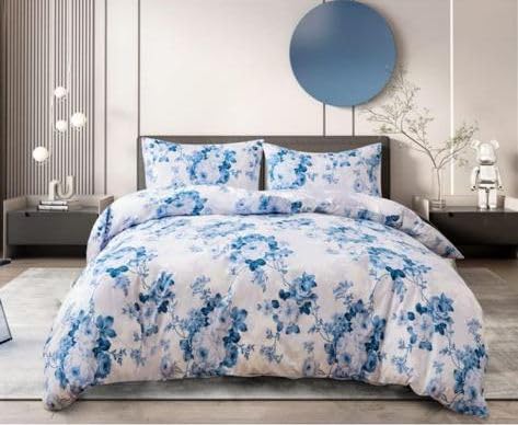 Luxurious 4-Piece Bedding Set: Soft Polyester-Cotton Duvet Cover with Extra Fitted Sheet and Pillow Cases – Effortless Elegance for Your Bed (Vintage Floral Blue, 4 Peice Double)
