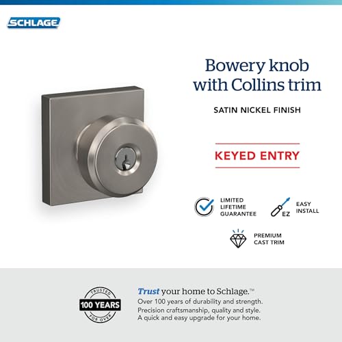 Image of Schlage F51A BWE 619 COL Bowery Knob with Collins Trim Keyed Entry Lock, Satin Nickel