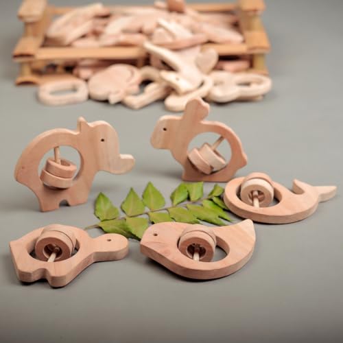 Image of Natural Neem Wood Baby Teether - Handmade Animal Shape Wooden Toy - Non-Toxic, Organic Chew Aid for Teething for 3-12 months and new born to play - Biodegradable, Eco-Friendly Gift for Infants & Toddlers (5, Neem Wood Baby Teether Set of 5)