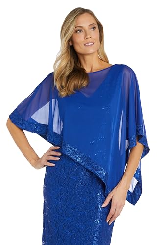 Image of R&M Richards Women's Knee-Length Glitter Sequin Lace Dress W /Sheer Asymmetric Poncho Overlay | Evening Cocktail Attire