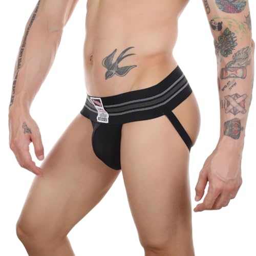 Generisch Jockstrap - Tanga erótica para hombre, doble tanga con bolsillo grande y espalda abierta, tallas grandes, ropa interior gay, Negro , M