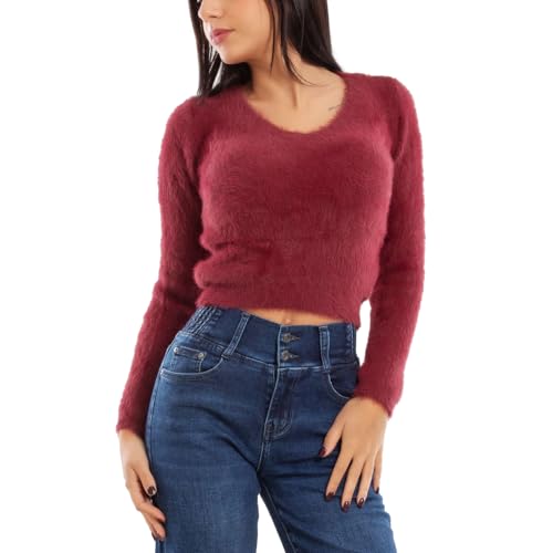 Toocool Pull Femme Poilu Pull Court Bodycon Hiver Col V 9390, bordeaux, S-M