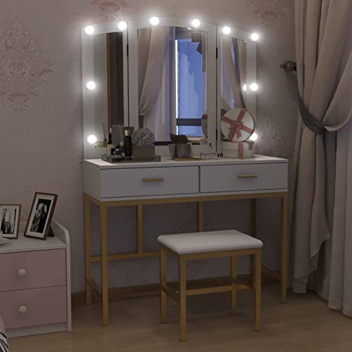 Makeup Vanity Desk With 3 Mirrors 10 Led Light Bulbs Vanity Set With 2 Large Drawers And Cushioned Stool Gold Metal Frame Dressing Table Dresser Desk For Women Girls Bedroom, White #TOP1