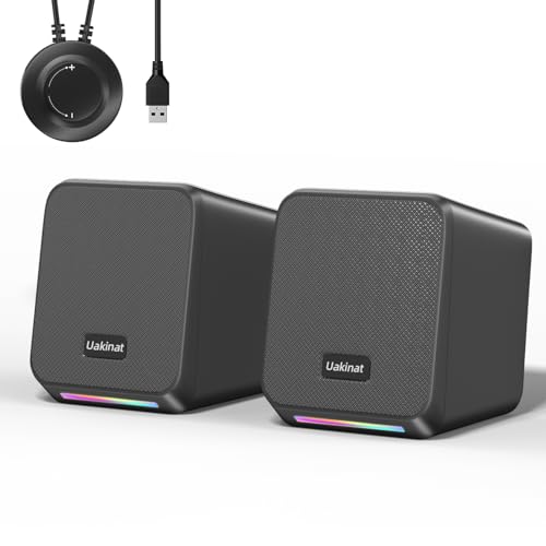 Uakinat Computer Speakers,with 7 Colorful RGB Lights, Headphone Jack, Enhanced Bass and Volume Control, PC Speakers USB Powered Gaming Speakers for Laptop Monitor PC Tablet Phone