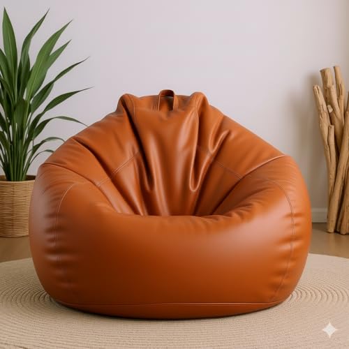 Image of 5XL Premium Leatherette Bean Bag with Rectangular Footrest & Cushion | High Density EPS Beans Filled | Teardrop Shape with Handle | 6 Months Warranty (Orange, 5XL Single, Solid)