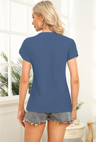 Image of Womens Petal Sleeve Tops Summer Trendy T Shirt Casual Loose Square Neck Button Blouse Tees