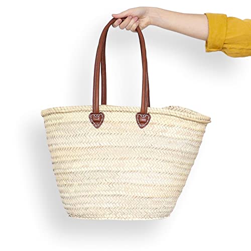 Bolsa de paja con asas de cuero estilo cesta miniatura 1