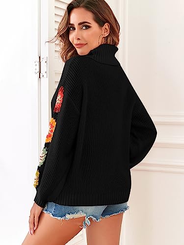 Image of ZAFUL Flower Crochet Turtleneck Sweater for Women Pullover Puff Long Sleeve Boho Knit Sweaters Trendy Knitwear Tops