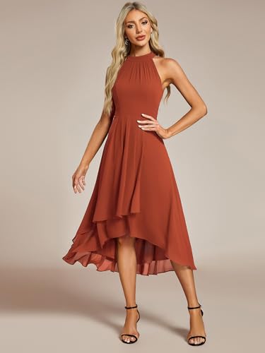Image of Ever-Pretty Women's Halter Chiffon Midi Cocktail Wedding Guest Dress | High Low, Pleated, Summer Semi Formal Dress, Mother of the Bride Dress