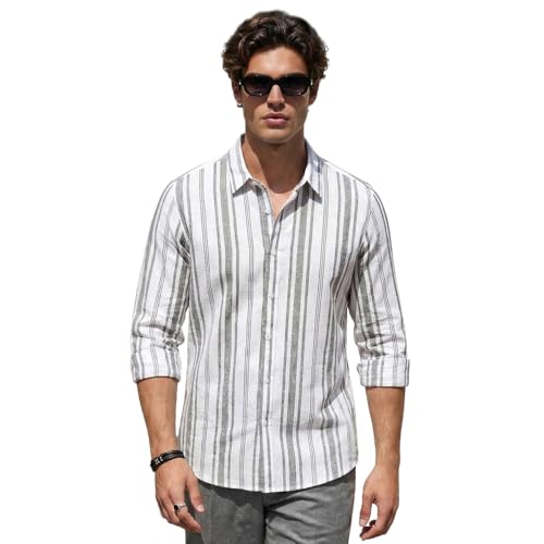 Image of Urbano Fashion Men's Cotton Full Sleeve Relaxed Fit Linen Striped Shirt with Spread Collar
