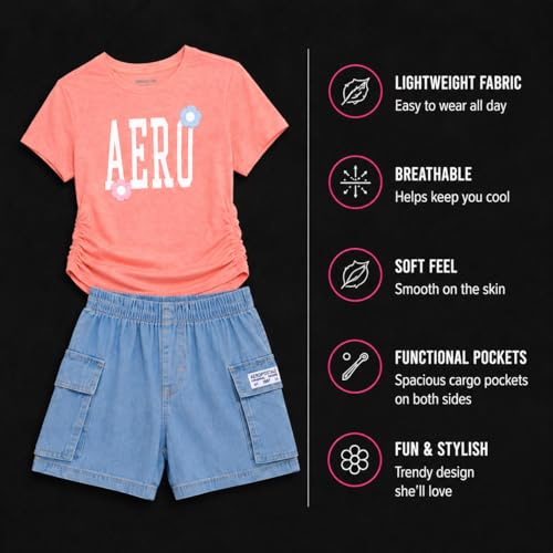 Image of AEROPOSTALE Girls Shorts Set - 2 Piece Soft Short Sleeve Graphic Tees and Twill or Denim Shorts Summer Outfits for Girls