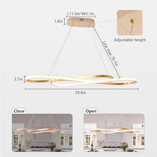 Image of Gold Led Chandelier for Kitchen Island Lighting,Dimmable Modern Chandelier for Dining Room, L39.4 inch Modern Led Pendant Light Fixture Height Adjustable Brushed Gold Dining Room Light Fixture Over Table