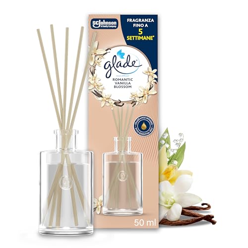 Glade Diffusore a Bastoncini, Profumatore per Ambienti con Oli Essenziali, Fragranza Romantic Vanilla Blossom, Confezione da 1 diffusore da 50ml