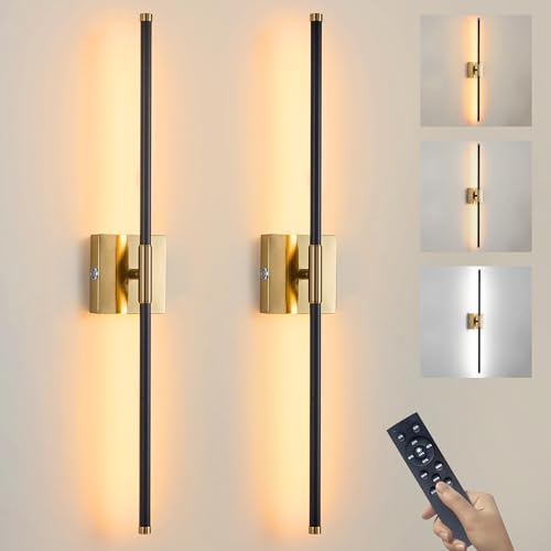 Image of 15800 mAh Battery Operated Wall Sconces with Remote Control Dimmable Wall Sconces Set of Two 3000K LED Brass Gold and Black Wireless Wall Light Battery Powered Cordless Rechargeable Sconces Decor