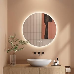Dripex Badezimmerspiegel Led Badspiegel Rund, Touch-Schalter, Dimmbar, 3 Lichtfarbe Einstellbare Spiegel Bad mit Beleuchtung, Wandspiegel mit Licht, Beschlagfrei 60x60 cm