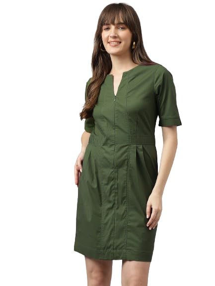 Image of Latin Quarters Women Green Short Sleeves Round Neck Bodycon Solid Dress for Casual Wear
