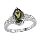 Birthstone Rings for Women Sterling Silver Jewelry - Moldavite & White Zircon Ring in Platinum Plating Size 7 Gifts Birthday Christmas Gifts