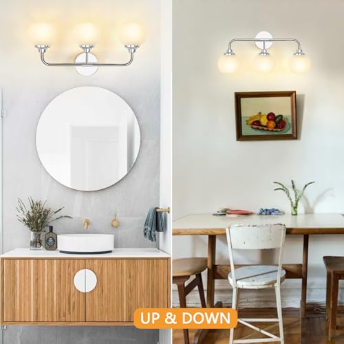 Image of Bathroom Light Fixtures, Chrome Modern 3-Lights Vanity Light Over Mirror, Globe Bathroom Lights with Milky White Glass Shade for Bedroom Living Room Farmhouse 22 inch