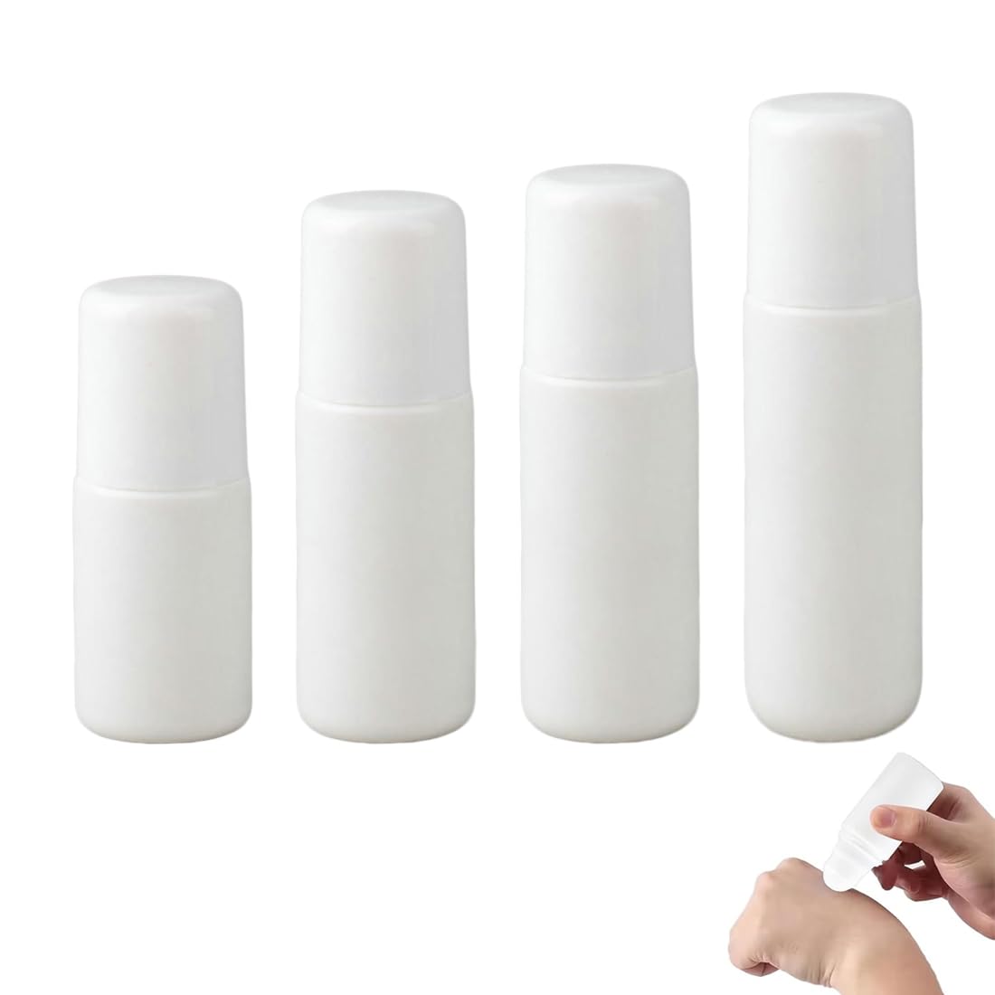 4 envases roll on rellenable, fáciles de aplicar y retirar (30/50/60/80 ml)