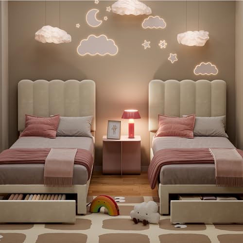 GarveeHome Twin Bed Frame with Under-Bed Drawer, Upholstered Platform Bed with Wave Headboard for Kids/Girls, Wooden Slats Support, No Box Spring Need