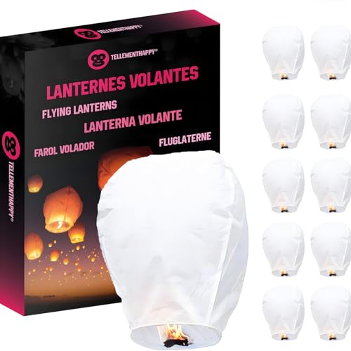 TellementHappy Lanterne Volante Chinoise Blanche en Papier – Format géant 90×60 cm, sans Armature métallique – idéale pour Mariage, fête, Nouvel an – Lot de 10