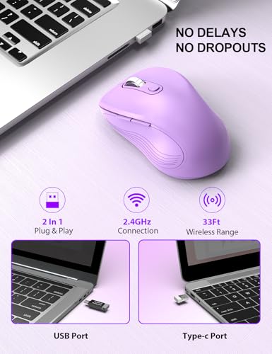 Image of Trueque Wireless Mouse for Laptop, Ergonomic 6-Button Mouse, Lavender | 2.4GHz USB receiver, back /forward buttons, 3 adjustable DPI levels, silent clicks, USB-C adapter, Windows /Mac /Chrome OS /Linux