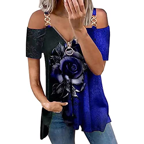 TARIENDY Off Shoulder Tops for Women Sexy V Neck Tshirt 3D Rose Graphic Tees Color Gradient Blouses Flowy Summer Tunic