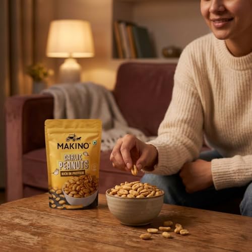Image of Makino Garlic Roasted Peanuts | Premium Raw Roasted Peanut Snacks | High Protein in Fiber | Gluten Free, Zero Cholesterol | Not Fried Only Roasted Peanuts | Natural Peanuts from Gujrat, No Trans Fat |