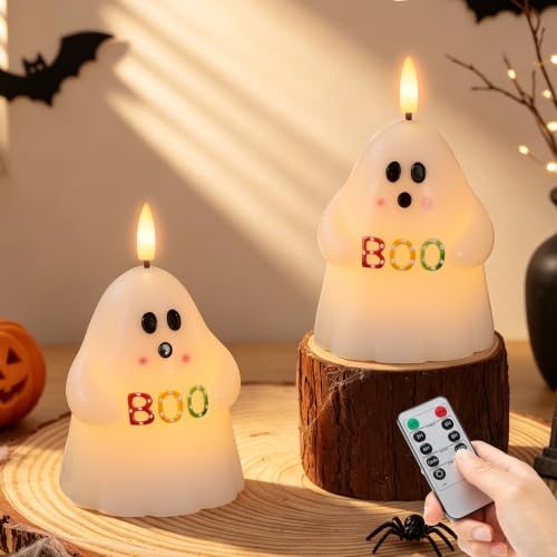 Image of Ghost Halloween Flameless Candles with BOO, Remote Timer Battery Operated | Flickering LED Candles, Spooky Cute Halloween Decor, Real Wax, Hand Painted, Table Home Party Festival Decoration Gift, 2Pack