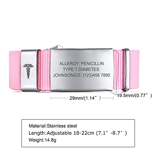 Hisatan Personalized Medical Id Bracelets For Men Women,Custom Emergency Medical Alert Bracelets,Free Engraving Outdoor Sport Adjustable Nylon Wristband,Pink&Silver Caduceus Symbol #TOP4