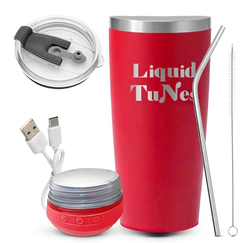 Liquid TuNes Stainless Steel Tumbler with Wireless Music Speaker, 20 oz Tumbler with Double-Wall Vacuum Insulation and Detachable Speaker (Red)