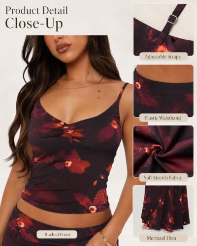 Image of Two Piece Skirt Set Women Maxi Long Skirt and Top Outfit | Soft stretchy 5 pc, slim bodycon, adjustable spaghetti straps, ruched crop tank, elastic waist, going out, beach vacation