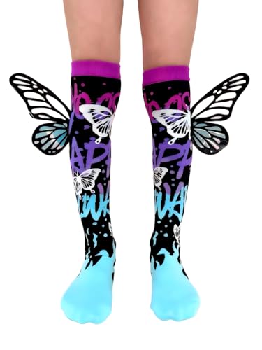 3D Crazy Socks for Girls Kids Funny Silly Wacky Mismatched Knee High Socks for Crazy Sock Day Dance Party Birthdays Gift(Butterfly)