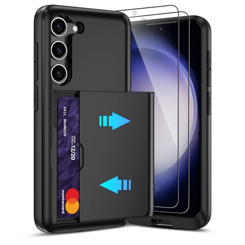 Pilaru for Samsung Galaxy S23 Case with Card Holder and (2 Pcs) HD Screen Protector Slim Heavy Duty Dual Layer Shockproof Design & Hidden Card Slot Wallet Case for Galaxy S23-Black