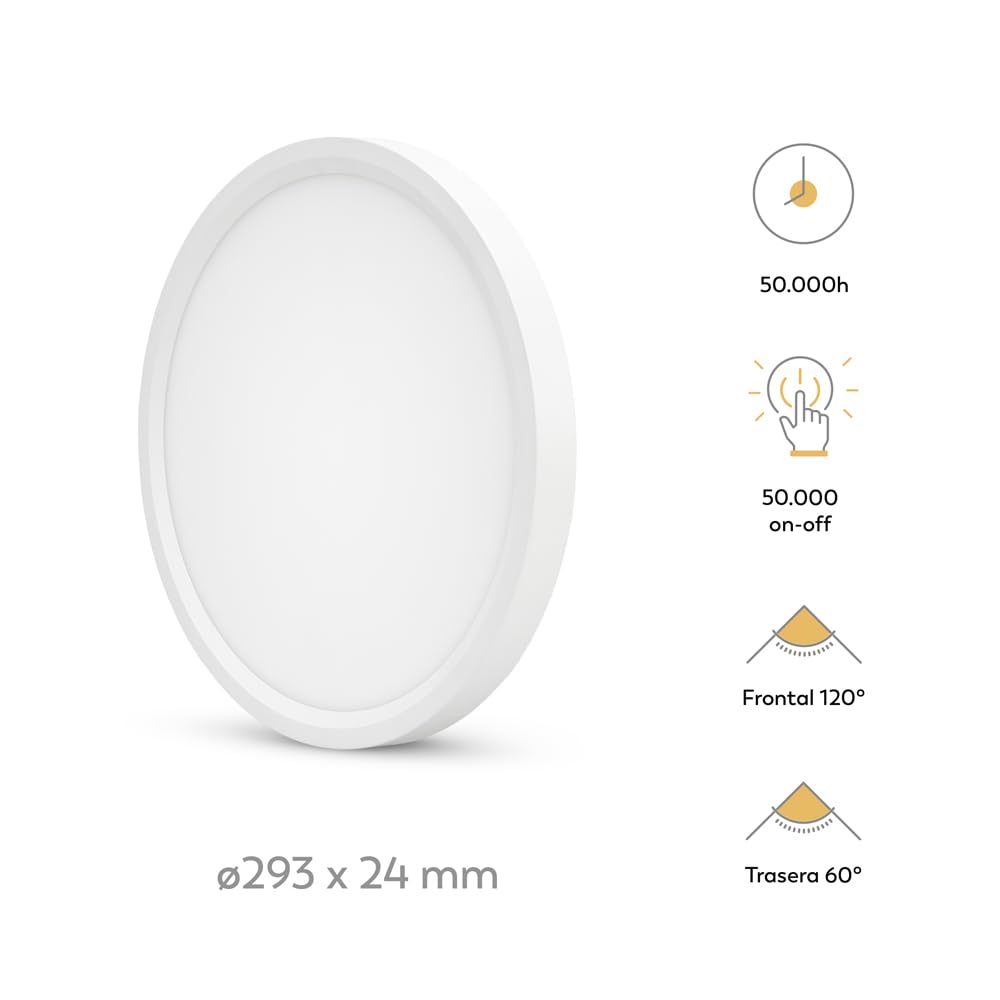 Garza - Plafón LED Techo con Control Remoto y Luz Indirecta Independiente, 20 W 2000 lm, Intensidad y Temperatura de Color Regulables 3000K-6500K, Temporizador de Apagado, Redondo 293 x 24 mm, Blanco