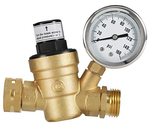 Water Pressure Regulator Valve, Brass Lead-Free Adjustable Water Pressure Reducer,Pressure Reducer with Liquid Filled Pressure Gauge 160psi and Inlet Screened Filter Fit RV Camper Travel Trailer