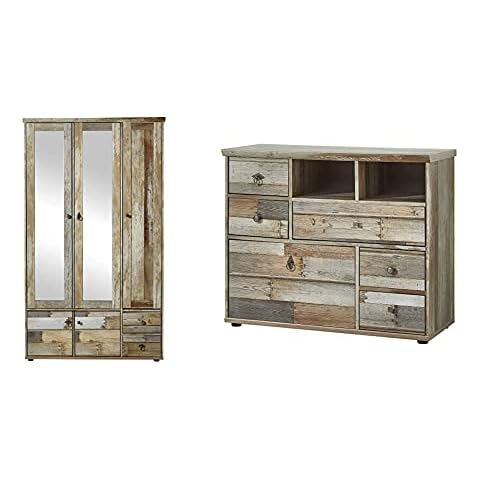Bonanza Vintage Garderobenschrank in Driftwood Optik - Retro Flurgarderoben Schrank 108 x 188 x 40 cm & Kommode in Driftwood Optik Cover