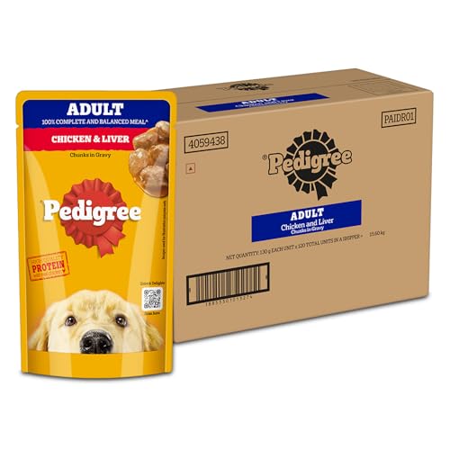 Pedigree Adult Wet Dog Food, Chicken & Liver Chunks in Gravy, 130 g (Pack of 120), Complete & Balanced Meal for Adult Dogs