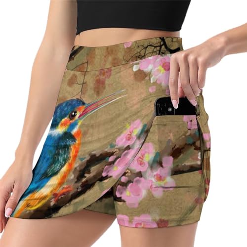 Jupe de tennis à motif fleurs et oiseaux pour femme avec short intégré et poche