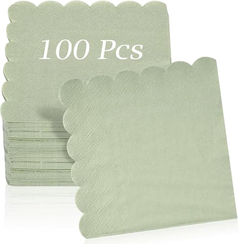 100 Count Disposable Cocktail Napkins - 2-Ply Scalloped Edge Dessert Napkins (10x10 Inch Green) - Elegant for Weddings Birthday Parties & Bridal Showers