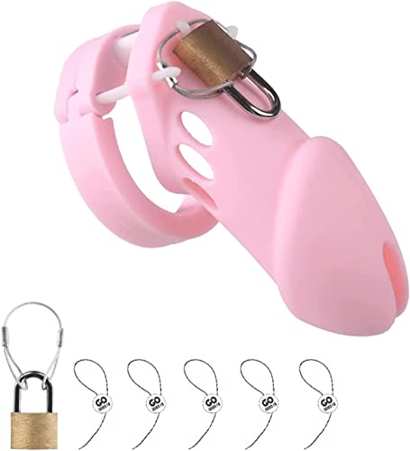 Gabbia di Castità per Uomo Gabbia per Pene Realizzata in Morbido Silicone Cintura di Castità Giocattolo Sessuale con 5 Anelli per Pene per Uomo (Rosa)