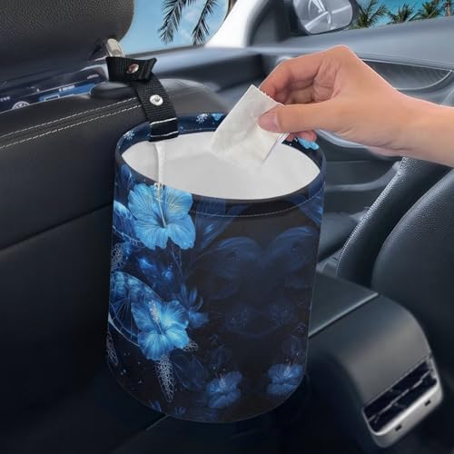 Image of Sea Trutle Car Trash Bag Blue Hibiscus Floral Car Trash Can for Front Seat, Back Seat, Floor, Headrest-Easy to Clean Cars Garbage Accessory Car Interior Decoration