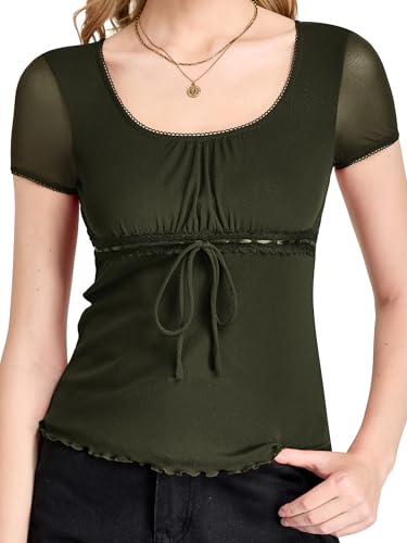 WINHORSE Womens 90s Short Sleeve Summer Tops Cute Babydoll Scoop Neck Ruffle Hem Trendy Y2K T-Shirts, Army Green, XL