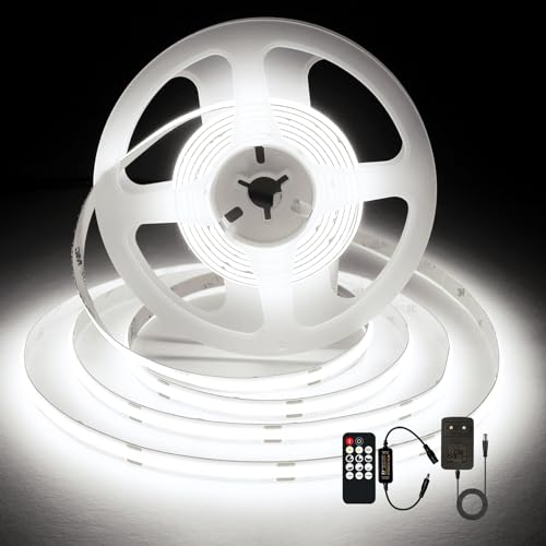 SIRYYUI COB LED Strip Lights 3M,6000K Daylight White Dotless Dimmable LED Strip, 480LEDs/M,Super Bright DC24V LED Light Strip,CRI 90+ with RF Remote and UKCA Power Supply for DIY Home Decoration