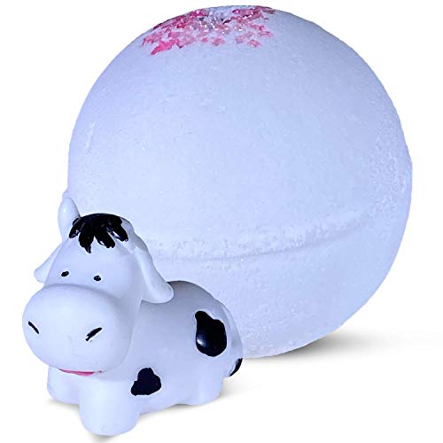 1 Bubble Bath Bomb For Kids With Surprise Cute Cow Toy Inside - Natural Ingredients Safe For Sensitive Skin - Moisturizing Coconut And Olive Oils And Floral White Gardenia Aroma - Giftable Box #TOP1