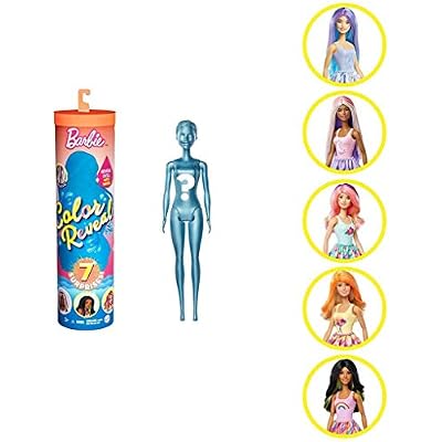 Barbie Color Reveal Doll with 7 Surprises: 4 Mystery Bags Contain Surprise Wig, Skirt, Shoes & Sponge; Water Reveals Metallic Blue Dolls Look & Creates Color Change on Face & Wig