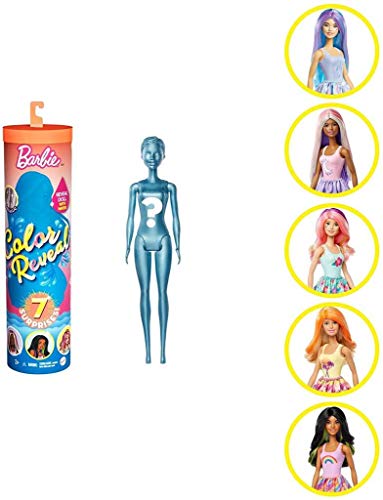 Barbie Color Reveal Doll with 7 Surprises: 4 Mystery Bags Contain Surprise Wig, Skirt, Shoes & Sponge; Water Reveals Metallic Blue Doll’s Look & Creates Color Change on Face & Wig