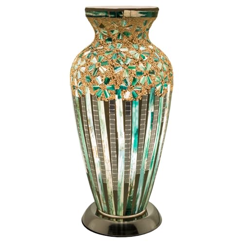 Britalia Green Art Deco Flower Mosaic Glass Vintage Vase Table Lamp with Chrome Base | 38cm Height | 1 x E27 Bulb Required | Study - Bedroom - Lounge - Living Room | Desk Light | Inline Switch