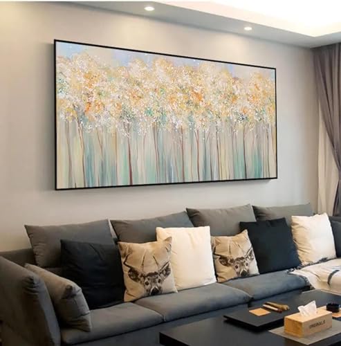 Peinture à l'huile arbre abstrait 85 x 170 cm avec cadre noir haut de gamme