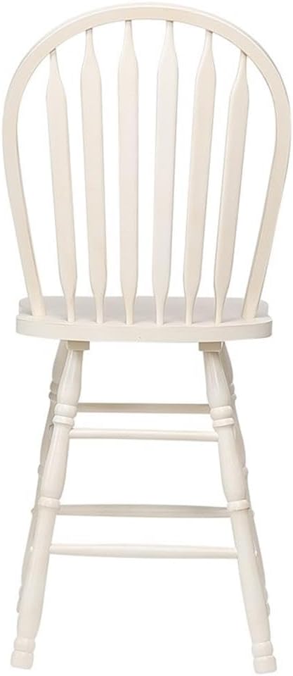 Pemberly Row Arrowback 24" Solid Wood Counter Stool Set, Antique White Finish, Malaysian Oak Construction, Saddle Seat, Farmhouse Style, Stationary Bar Chair for Kitchen, Home Bar or Restaurant